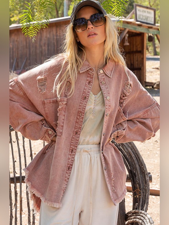 POL Jackets & Blazers - POL Button Down Raw Hem Distressed Shacket